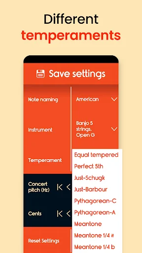 Different temperaments selection screen showing dropdown menu with Equal tempered, Perfect 5th, and other tuning options