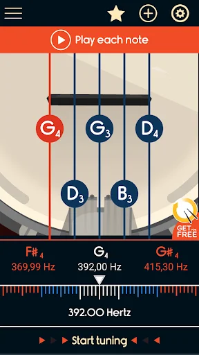 Banjo tuner interface with string frequency display showing G4 392.00 Hz and Start tuning button for precise tuning