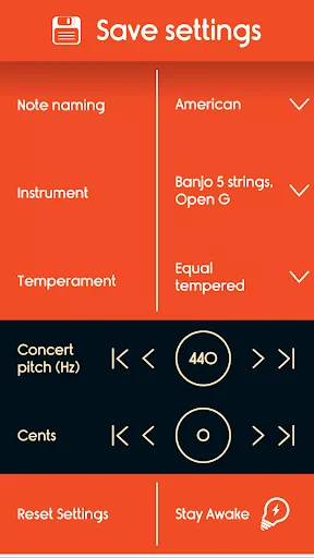 Save settings screen with American note naming, Banjo 5 strings Open G selection, and concert pitch 440 Hz controls