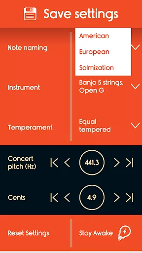 Settings menu showing note naming options including American, European, and Solmization with dropdown selection interface