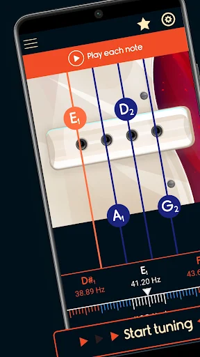 Master Bass Guitar Tuner app main screen showing bass strings E, A, D, G with frequency display and start tuning button