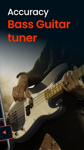 Bass guitar tuner app promotional screen featuring musician playing bass with accuracy tuning text overlay on dark background