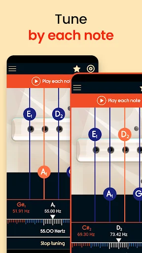 Split screen view of bass tuner showing tune by each note feature with string positions and frequency measurements displayed