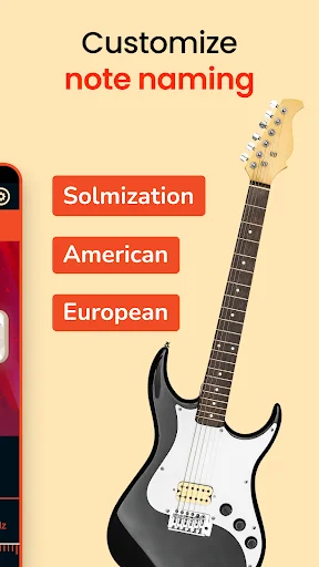 Bass guitar tuner customization menu showing note naming options: Solmization, American, European with guitar neck visual