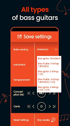 Settings screen for bass guitar tuner displaying instrument types, temperament options, and concert pitch controls