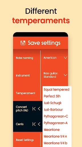 Temperament selection menu in bass tuner app showing Equal tempered, Perfect 5th, Just-Barbour and other tuning options