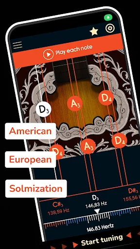 Master Bouzouki Tuner app interface showing tuning options: American, European, Solmization modes with note display