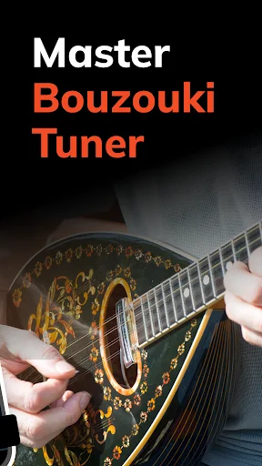 Master Bouzouki Tuner app title screen featuring traditional Greek bouzouki instrument with ornate decorative design