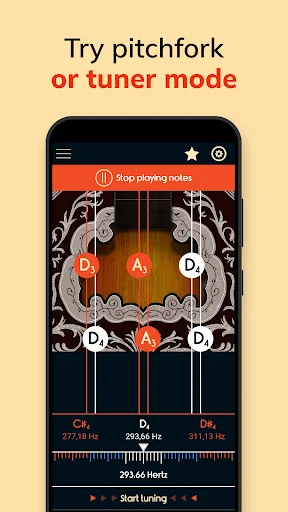 Bouzouki tuner app in pitchfork mode displaying frequency measurements and tuning interface with stop button