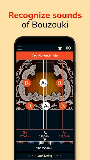 Bouzouki sound recognition feature showing frequency display and tuning interface for accurate pitch detection