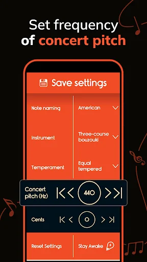 Concert pitch frequency settings panel in bouzouki tuner with customizable temperament and save options
