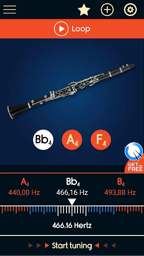 Master Clarinet Tuner main interface showing clarinet instrument, Bb note selected at 466.16 Hz with tuning controls