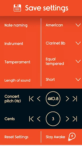 Master Clarinet Tuner settings menu with note naming, instrument selection, temperament and sound length options