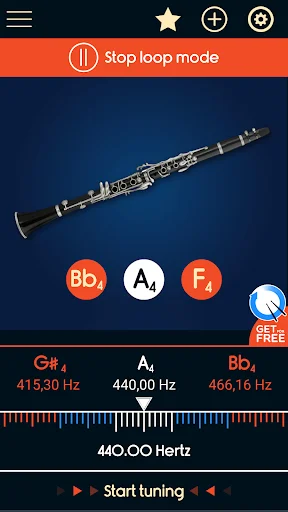 Master Clarinet Tuner showing A note at 440.00 Hz with stop loop mode, clarinet image and tuning frequency display