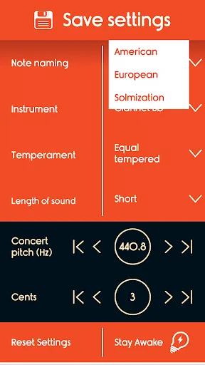 Master Clarinet Tuner settings showing note naming dropdown with American, European and Solmization options