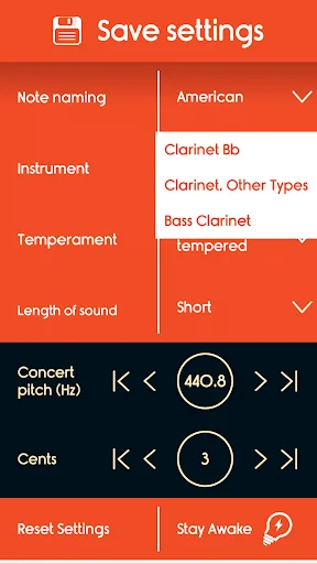 Master Clarinet Tuner instrument selection menu displaying Clarinet Bb, other clarinet types and bass clarinet options