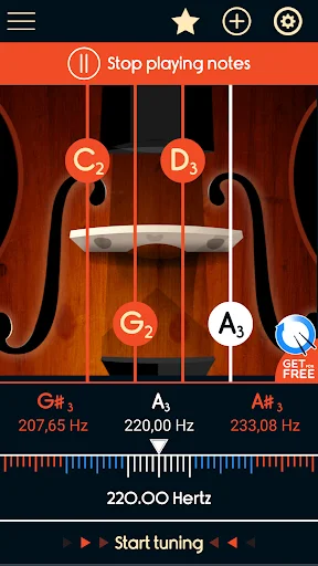 Master Double Bass Tuner app main screen showing double bass strings C2, D2, G2, A3 with frequency display and Start tuning button