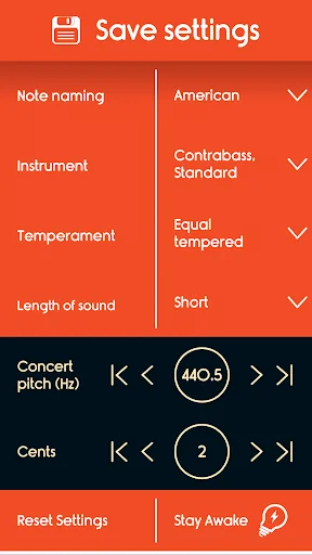 Double bass tuner settings menu with note naming, instrument, temperament, and sound length options for customizing tuning