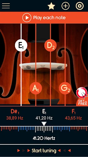 Double bass tuner interface in play mode showing E1, D2, A1, G2 strings with frequency readings and tuning controls