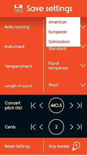 Settings screen showing note naming dropdown with American, European, and Solmization options for double bass tuning app
