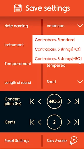 Instrument selection menu displaying contrabass standard and 5-string tuning options for double bass tuner configuration