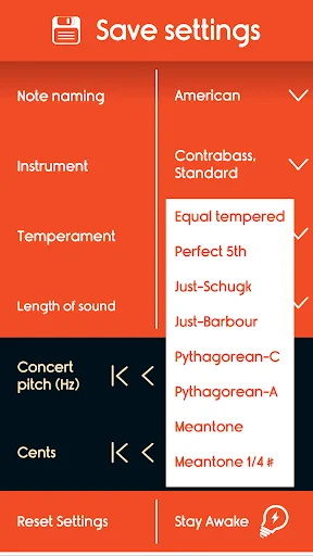 Temperament settings showing equal tempered, perfect 5th, and historical tuning systems for professional double bass tuning