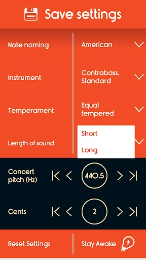 Sound length settings menu with short and long duration options for double bass tuner audio playback preferences