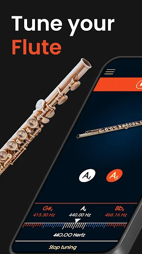 Master Flute Tuner app main screen showing flute image with tuning interface, frequency display and Start tuning button