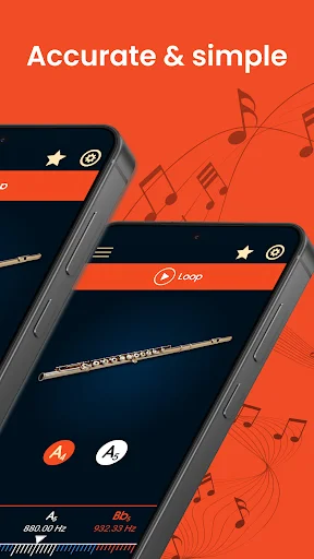 Master Flute Tuner app featuring accurate and simple tuning with dual phone interface displaying flute and musical notes