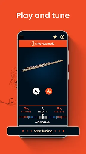 Play and tune interface of Master Flute Tuner showing flute, frequency meters, and Start tuning button for music practice
