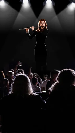 Professional flutist performing on stage with audience - Master Flute Tuner app for live performance tuning accuracy