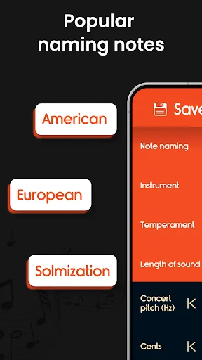 Popular naming notes settings in Master Flute Tuner with American, European, and Solfization note notation options