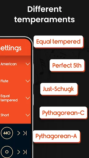 Different temperaments menu in Master Flute Tuner showing Equal tempered, Perfect 5th, and Pythagorean tuning options