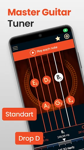 Master Guitar Tuner app main screen showing guitar strings with note indicators E, A, D, G, B, E and standard/drop D tuning options