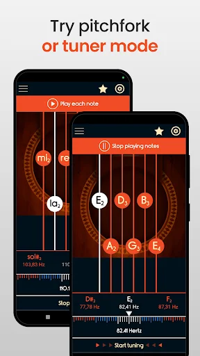 Guitar tuner app interface displaying pitchfork and tuner modes with frequency readings and multiple tuning layout options