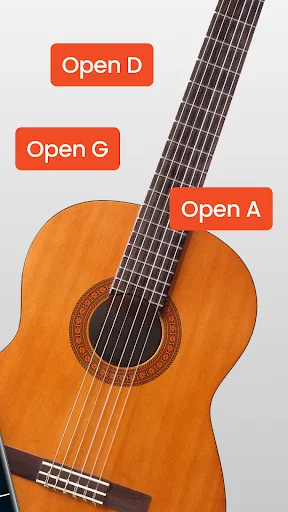 Acoustic guitar close-up with Master Guitar Tuner app showing open chord tuning options for D, G, and A string positions