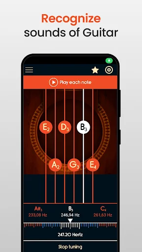 Guitar tuner sound recognition feature displaying string notes E, A, D, G, B, E with frequency meter and stop tuning button
