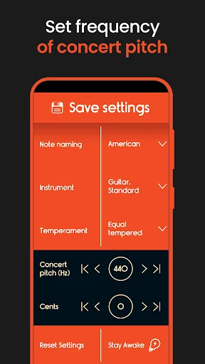 Master Guitar Tuner settings screen for concert pitch frequency with 440Hz, note naming, instrument type and temperament options
