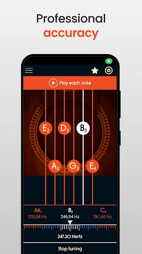 Professional guitar tuner accuracy display showing precise frequency readings and tuning interface for optimal sound quality