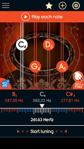 Master Mandolin Tuner main screen showing mandolin strings C4, D5, G4, A5 with frequencies and 'Play each note' feature