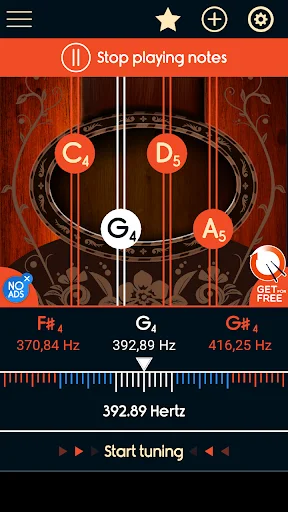 Mandolin tuning app with 'Stop playing notes' and F#4, G4, G#4 string frequencies for precise instrument tuning