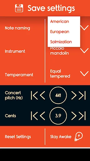Master Mandolin Tuner settings showing note naming system options for different musical notation preferences