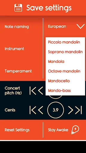 Instrument type selection in mandolin tuner app displaying various mandolin family instruments and configurations