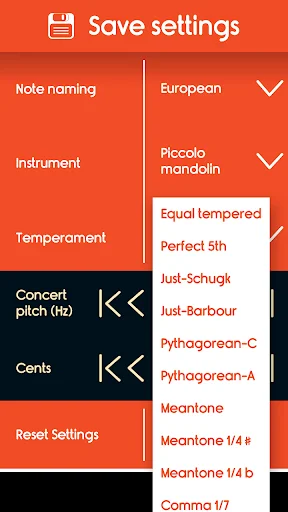 Advanced temperament settings in Master Mandolin Tuner for precise musical tuning and pitch accuracy