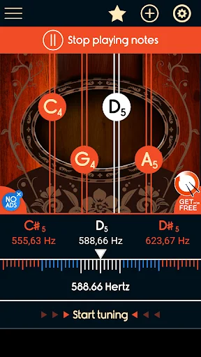Master Mandolin Tuner main screen with mandolin strings and frequency display for quick instrument tuning
