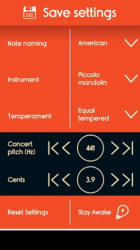 Master Mandolin Tuner settings screen with note naming, instrument, temperament options and concert pitch controls