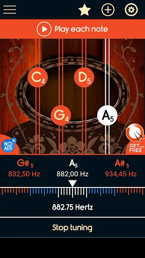 Master Mandolin Tuner main tuning interface showing G#5, A5, A#5 string notes with precise frequency measurements