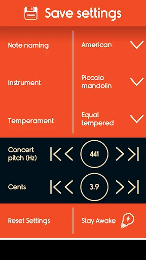 Settings configuration page for Master Mandolin Tuner with save options and tuning parameter controls