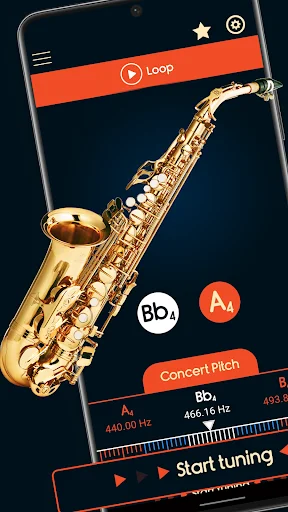 Master Saxophone Tuner app main screen showing golden saxophone, tuning interface with Bb note, frequency display, and start tuning button