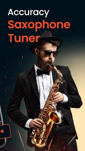 Accuracy Saxophone Tuner promotional screen featuring professional saxophonist in formal attire holding golden saxophone instrument